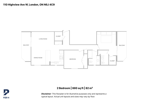 Floor plan for 2 beds, 2 baths, 880 sqft